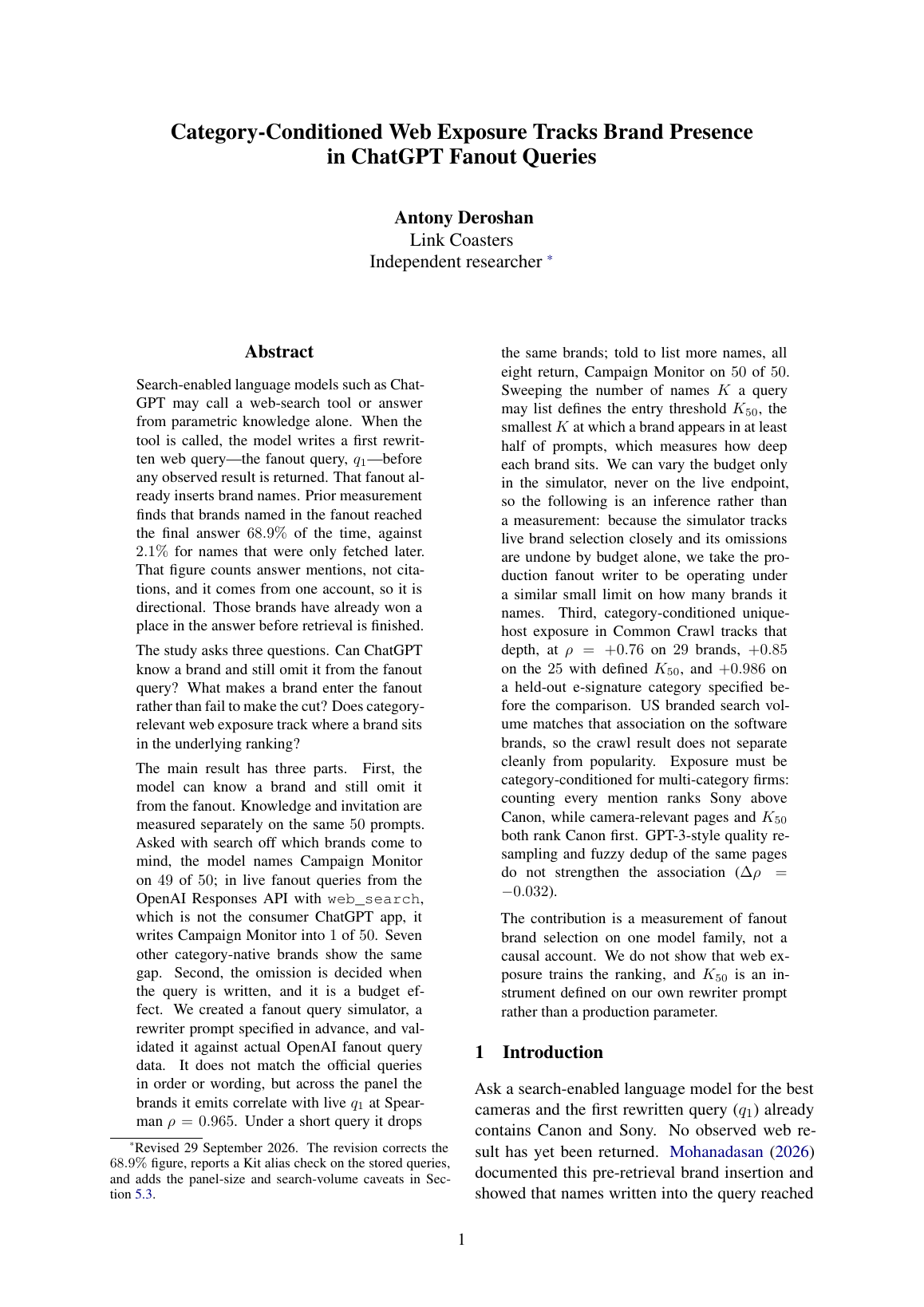 First page of Category-Conditioned Web Exposure Tracks Brand Presence in ChatGPT Fanout Queries